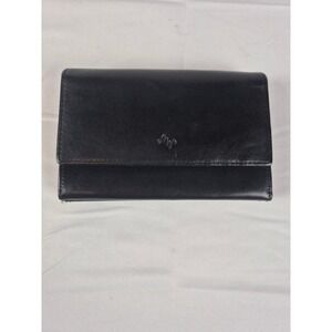 Monsac Black Leather Trifold Wallet Gold Hardware Accordion Zip‎ Pocket
